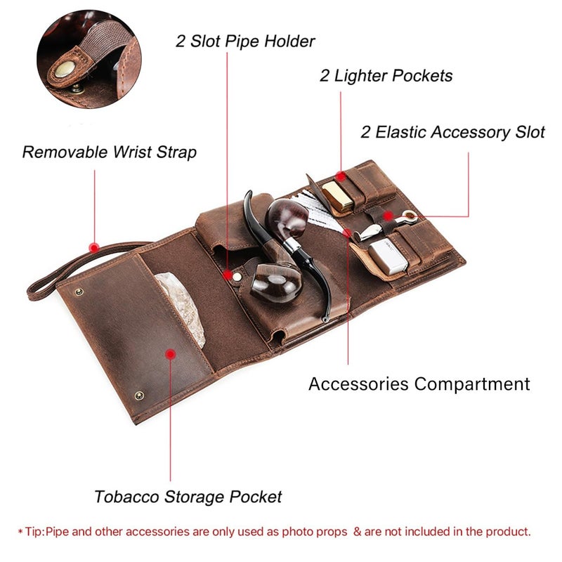 CONTACTS حقيبة سفر من جلد كامل الحبة لتبغ الأنابيب - منظم ملحقات أنابيب التدخين لعدد 2 أنابيب، ولاعة، سجائر، قهوة - Image 4